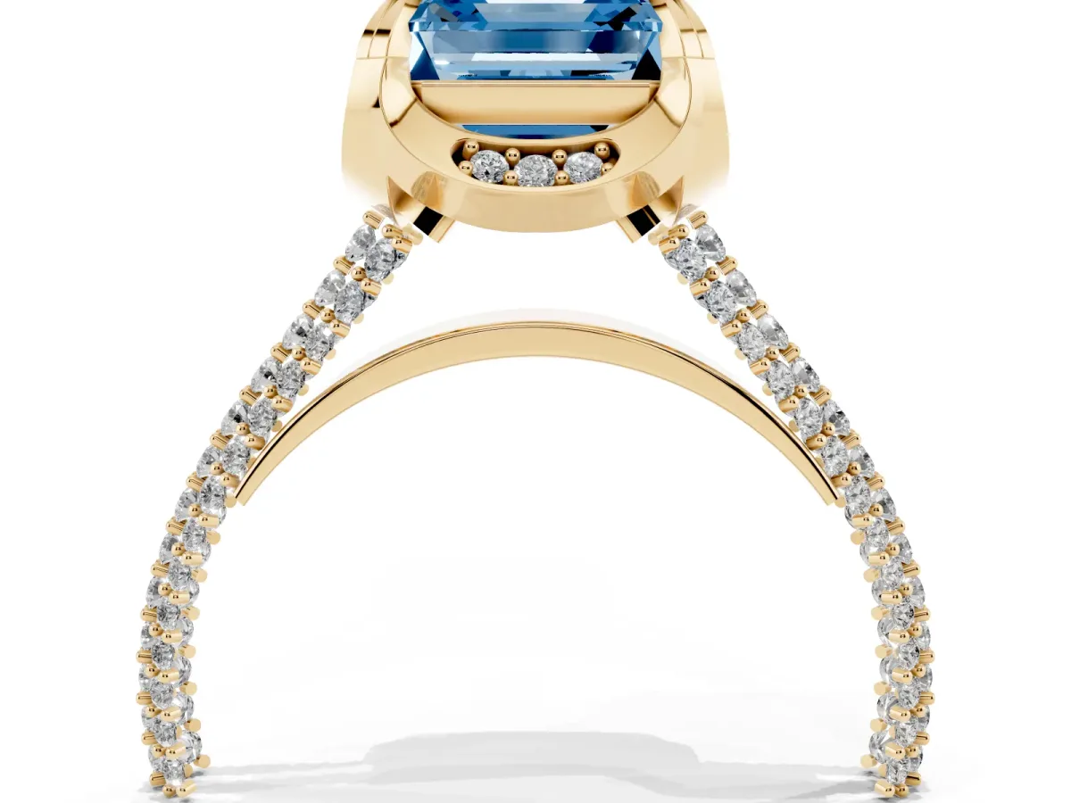 Fancy Blue Asscher Cut Solitaire Pave Split Shank Ring with Four-Prong Setting Yellow gold
