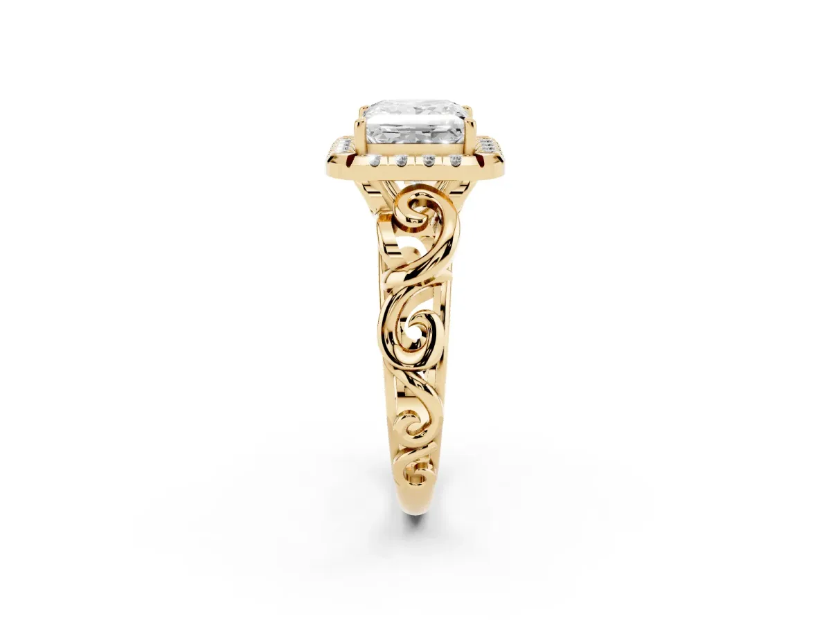 Princess Cut Cut Halo Diamond Ring with Scrollwork Band and Four-Prong Setting Yellow gold