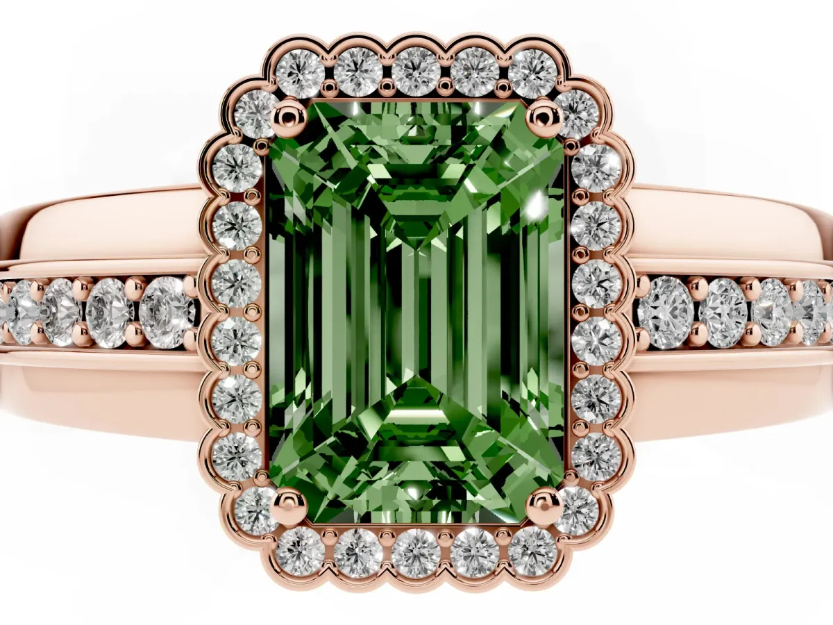 Fancy Green Emerald Cut Cut Halo Pave Band Four-Prong Ring Rose gold