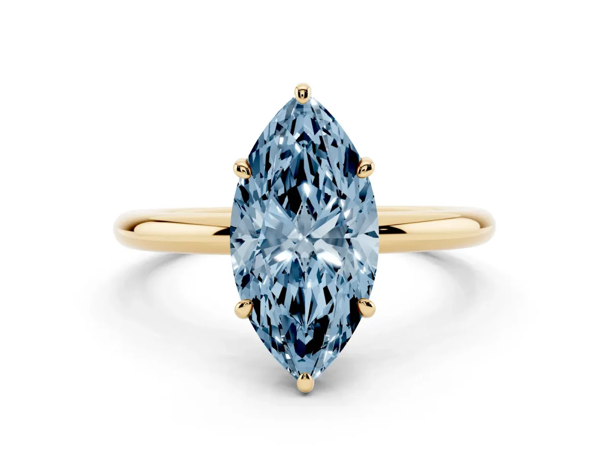 Fancy Blue Marquise Cut Solitaire Diamond Ring with Four-Prong Setting on a Plain Band Yellow gold