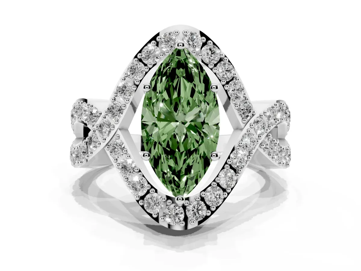 Fancy Green Marquise Cut Solitaire Twist Band Pavé Diamond Engagement Ring Silver