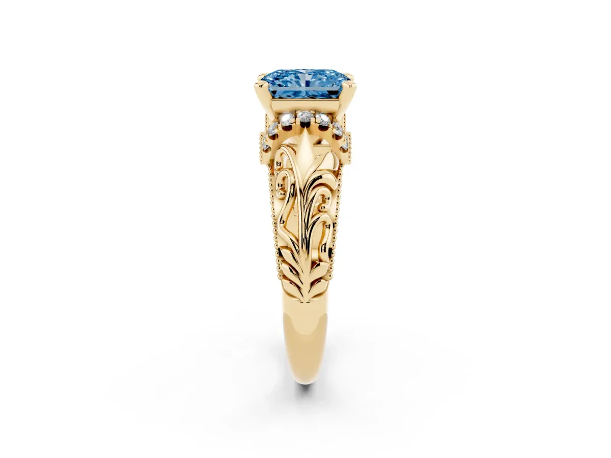 Fancy Blue Radiant Cut Solitaire Filigree Engagement Ring with Halo and Prong Setting Yellow gold