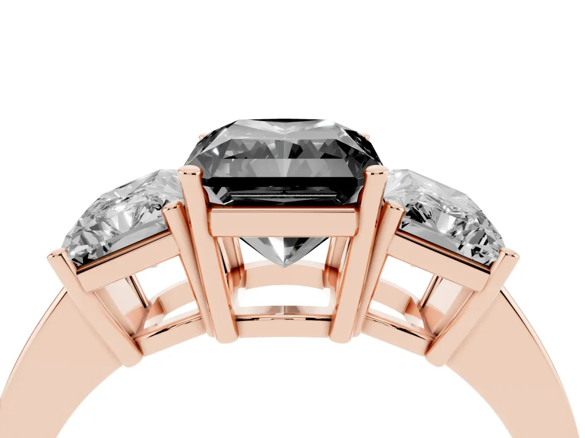Fancy Black Three-Stone Radiant Cut Cut Diamond Engagement Ring with Flat Band and Four-Prong Setting Rose gold