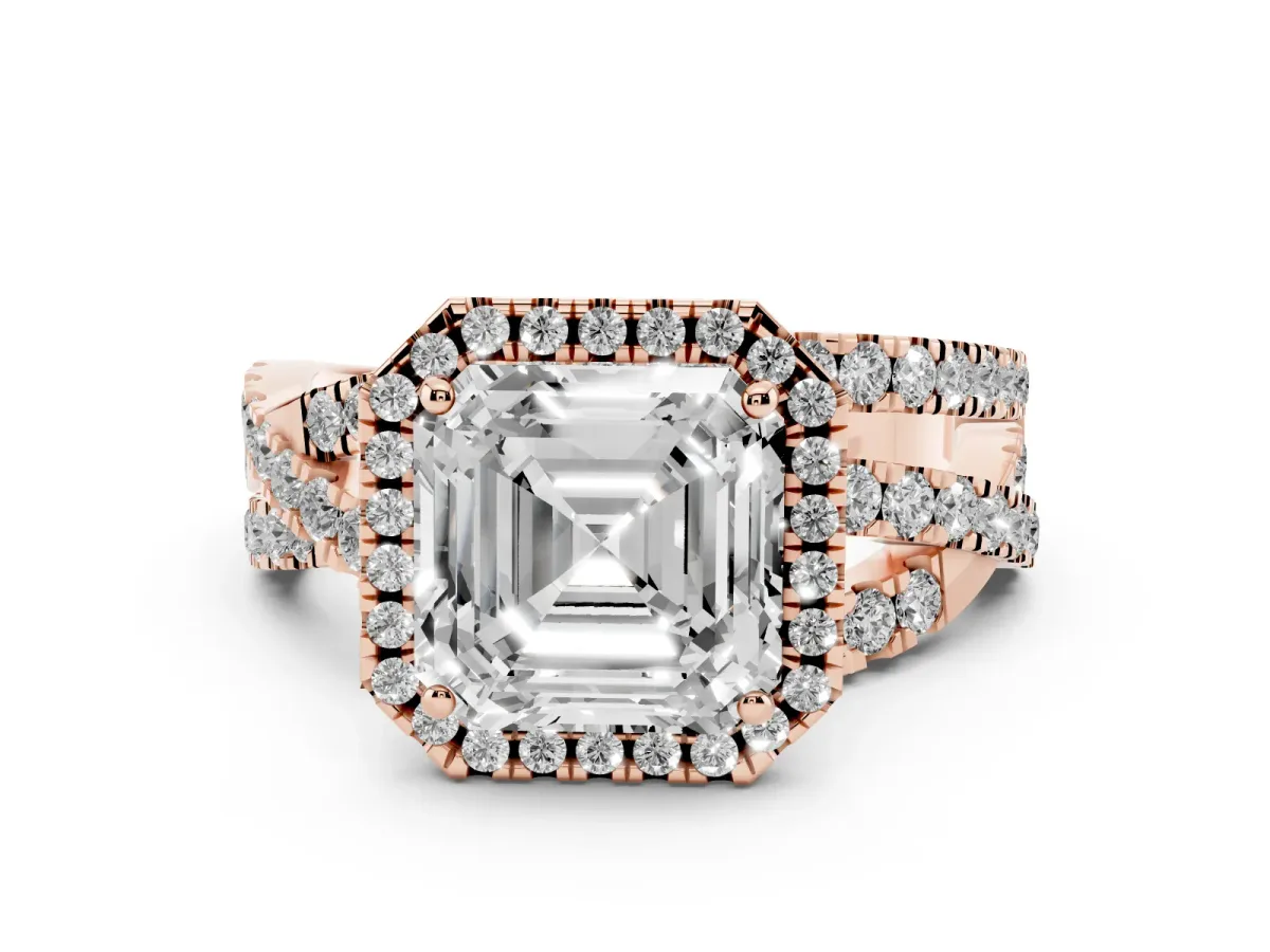 Asscher Cut Diamond Halo Ring with Round Split Shank and Prong Setting Rose gold