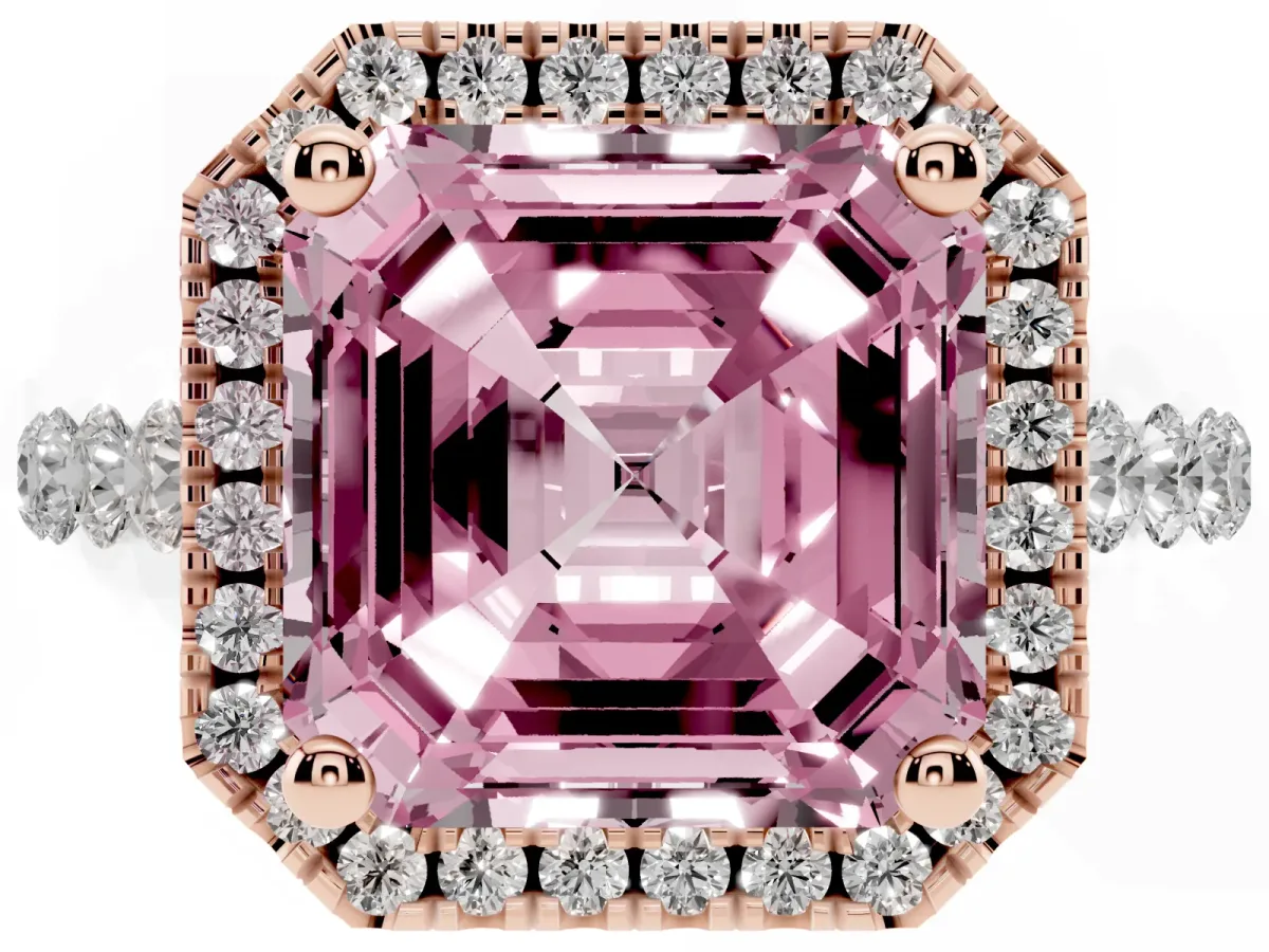 Fancy Pink Asscher Cut Halo Pavé Diamond Engagement Ring with Four-Prong Setting Rose gold