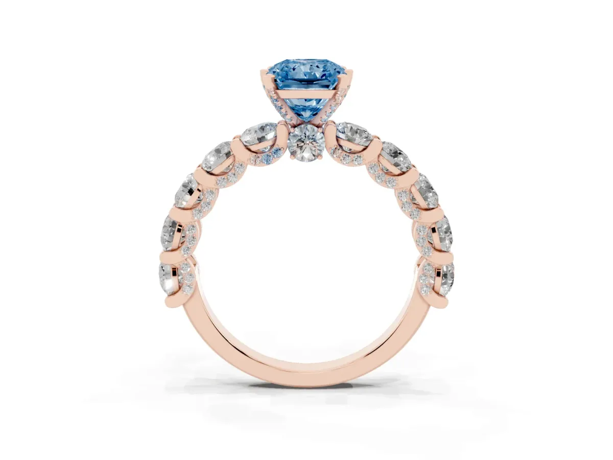 Fancy Blue Radiant Cut Diamond Side Stone Engagement Ring with Four-Prong Setting Rose gold