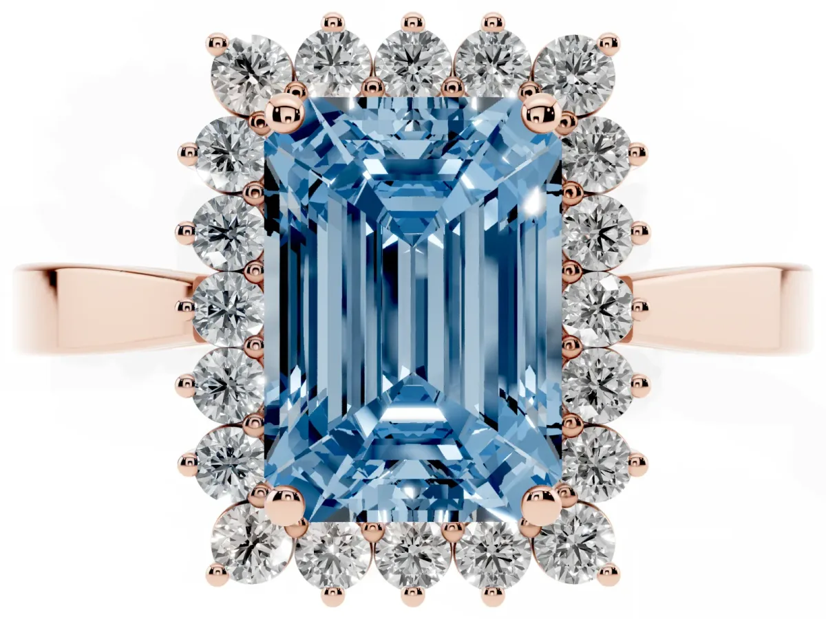 Fancy Blue Emerald Cut Cut Diamond Halo Ring with Round Brilliant Halo and Solitaire Band Rose gold