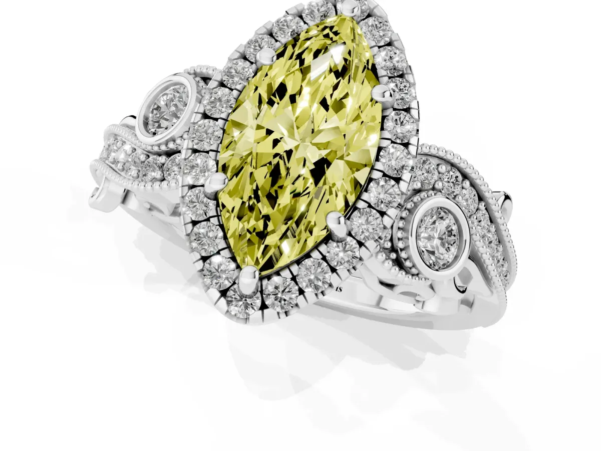 Fancy Yellow Marquise Cut Diamond Halo Ring with Milgrain Pavé Band and Four-Prong Setting White gold