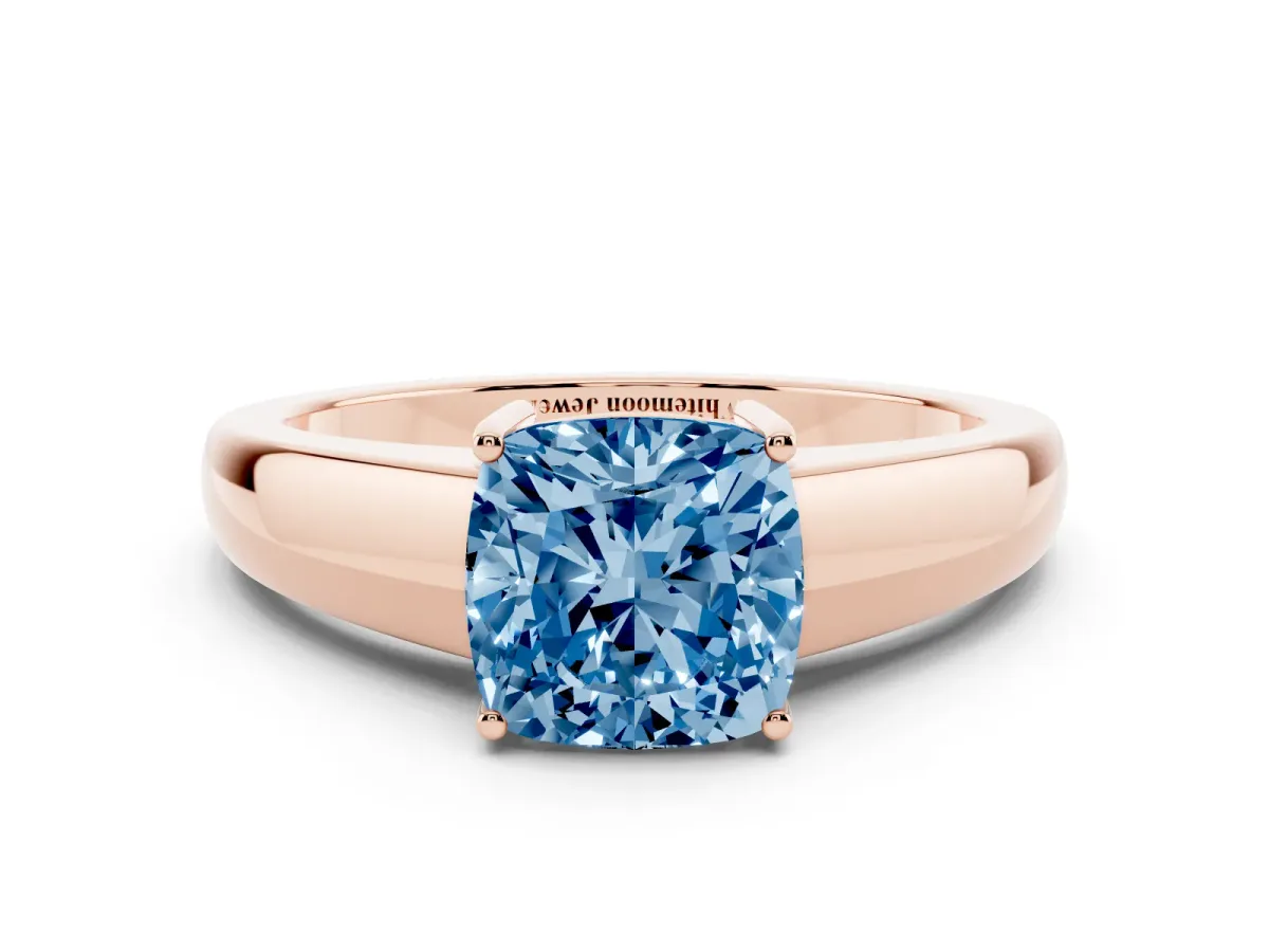 Fancy Blue Cushion Cut Solitaire Diamond Ring with Tapered Band and Four-Prong Setting Rose gold