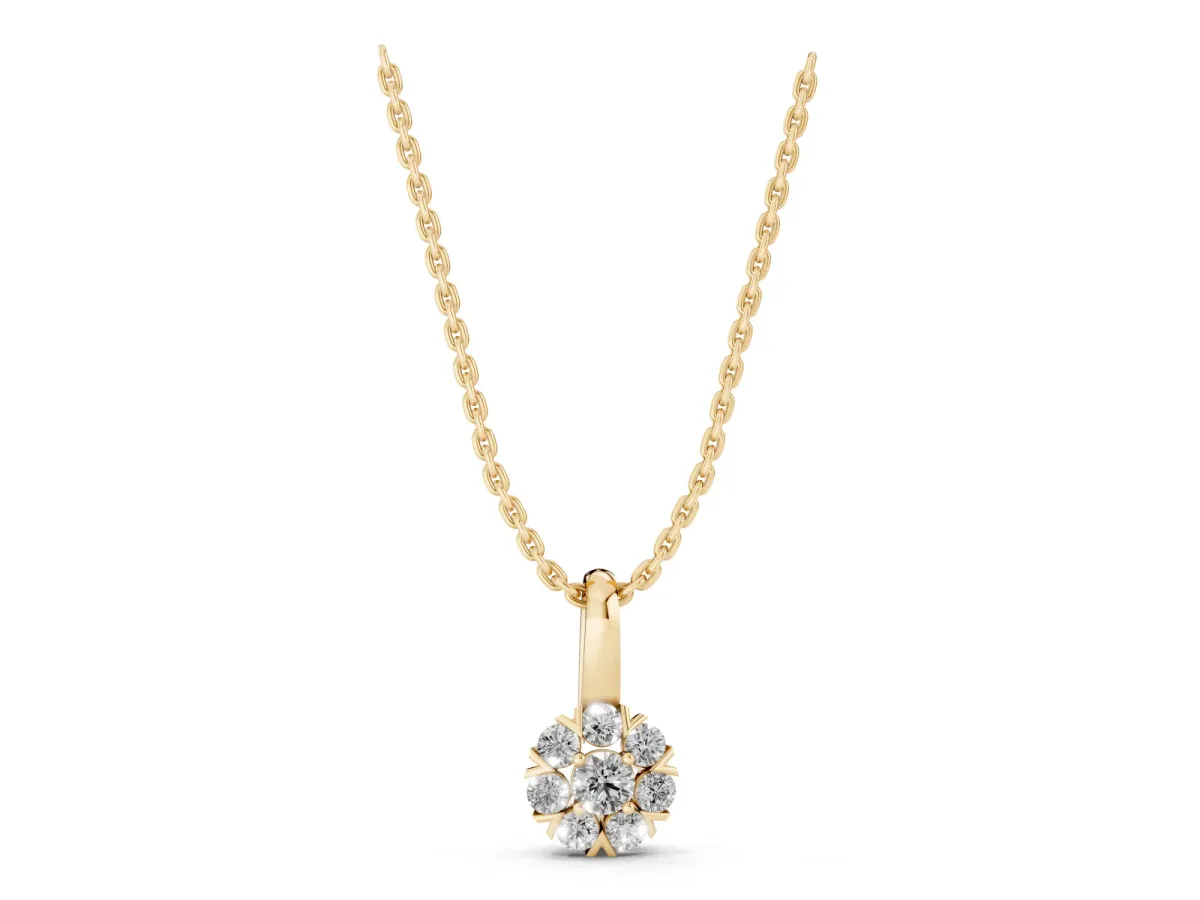 Round Diamond Floral Cluster Pendant with Prong Setting Yellow gold