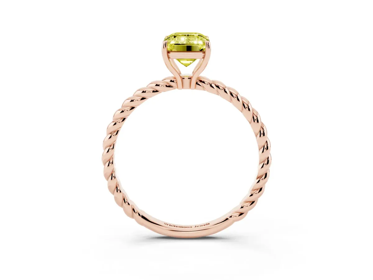 Fancy Yellow Emerald Cut Solitaire Twisted Band 4-Prong Ring Rose gold