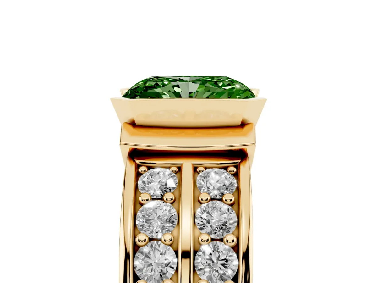 Fancy Green Radiant Cut Brilliant Diamond Channel Set Wide Band Ring with Bezel Setting Yellow gold