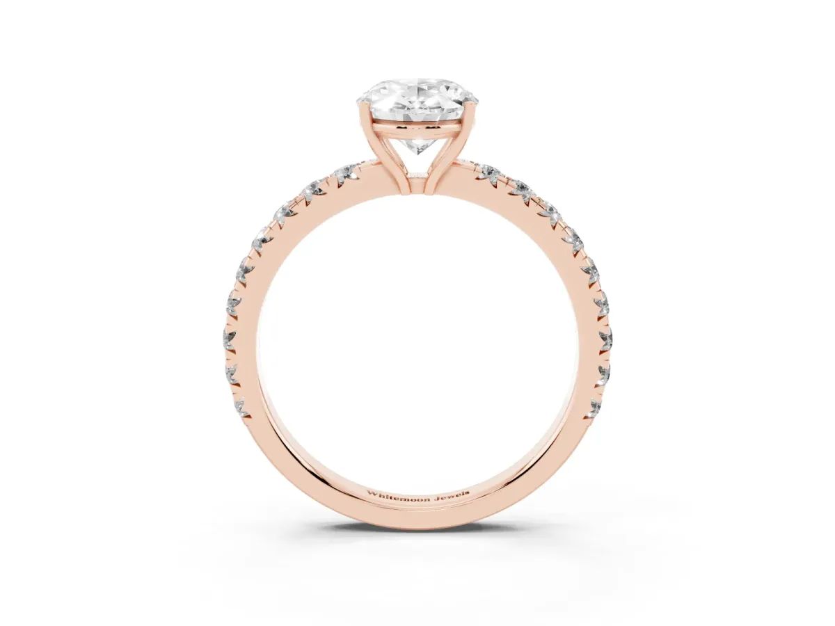 Oval Cut Diamond Pavé Solitaire Engagement Ring with Four-Prong Setting Rose gold