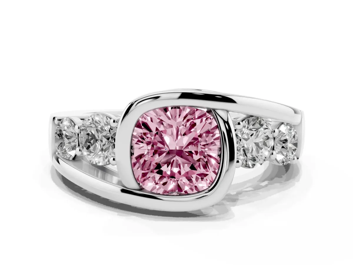 Fancy Pink Bezel Set Cushion Cut Diamond Bypass Ring with Round Accents Platinum