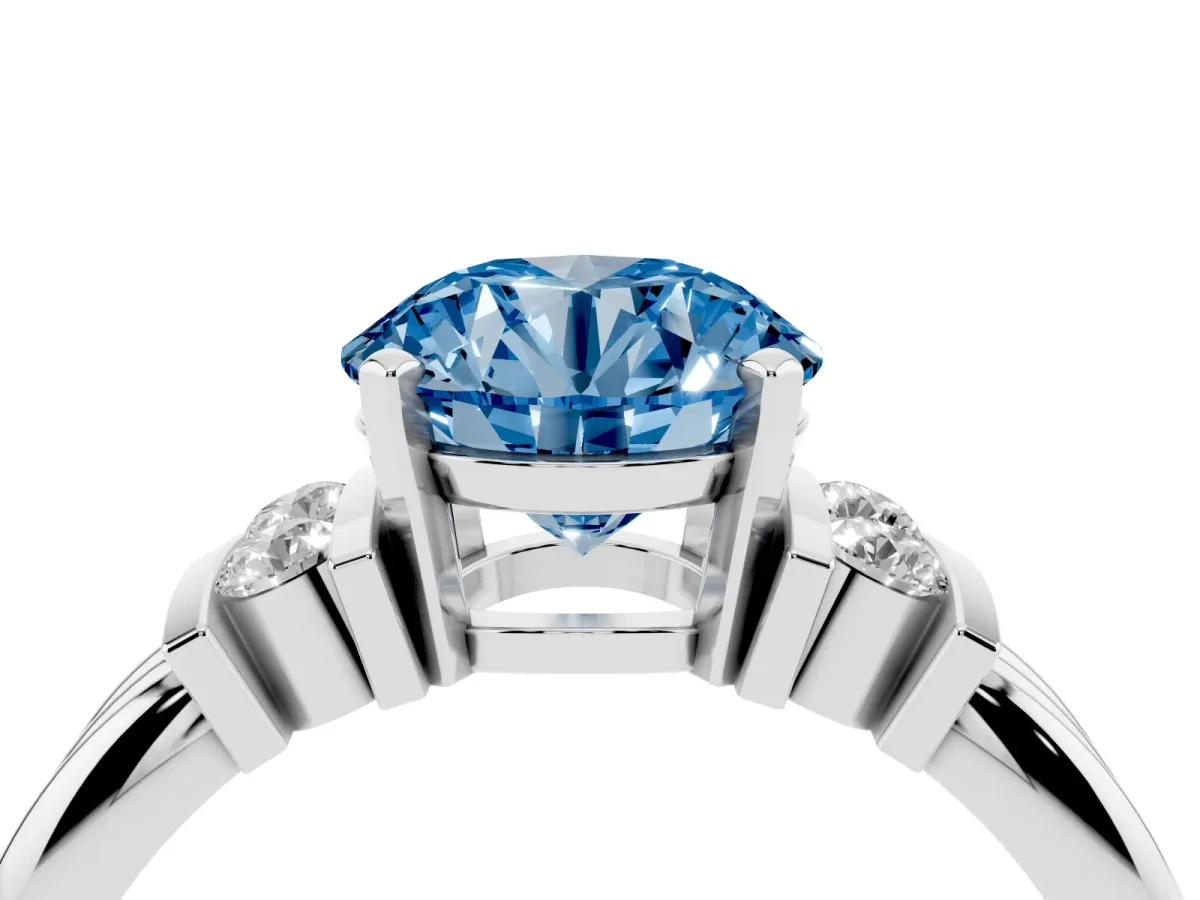 Fancy Blue Round Cut Cut Three-Stone Channel Set Ring with Bar Prongs Silver