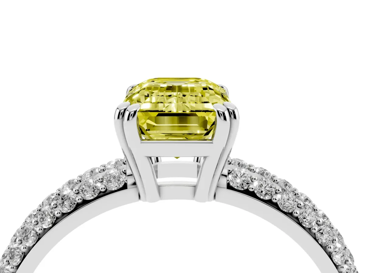 Fancy Yellow Emerald Cut Diamond Solitaire Ring with Multi-Row Round Pavé Band and Prong Setting Platinum