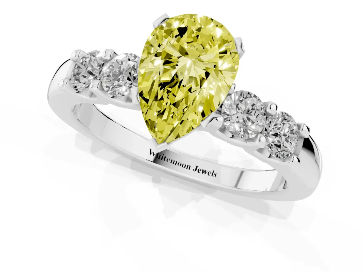 Fancy Yellow Pear Cut Brilliant Cut Diamond Five-Stone Prong Set Engagement Ring with Channel Band Platinum