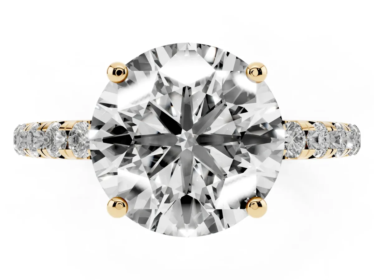 Round Cut Cut Diamond Solitaire Ring with Micro Pave Band and Four Prong Setting Yellow gold