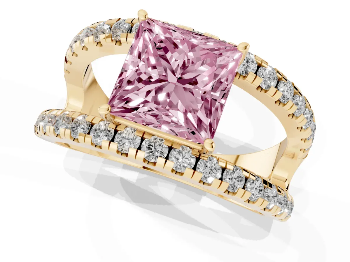 Fancy Pink Princess Cut Solitaire Split Shank Pave Diamond Ring Yellow gold