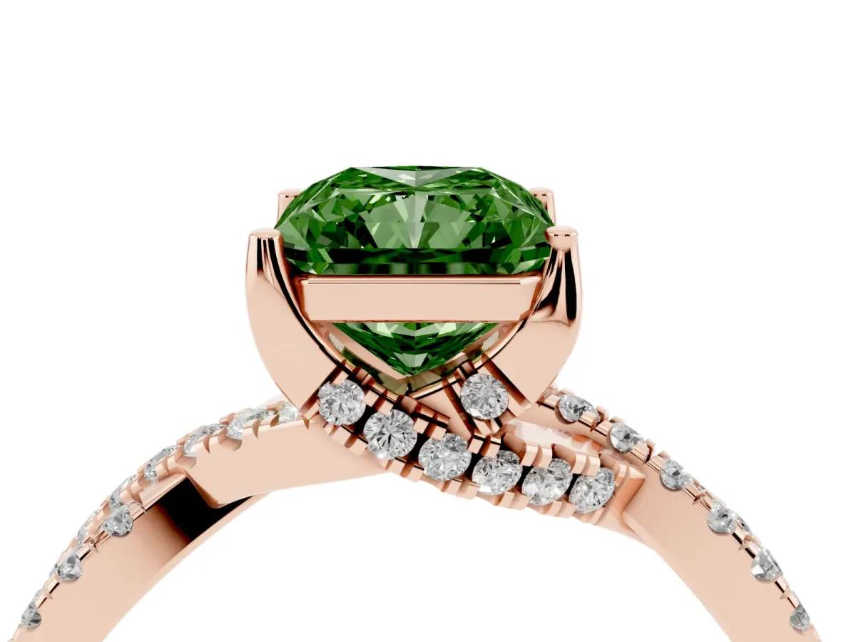 Fancy Green Radiant Cut Solitaire Twist Pave Diamond Engagement Ring with Prong Setting Rose gold