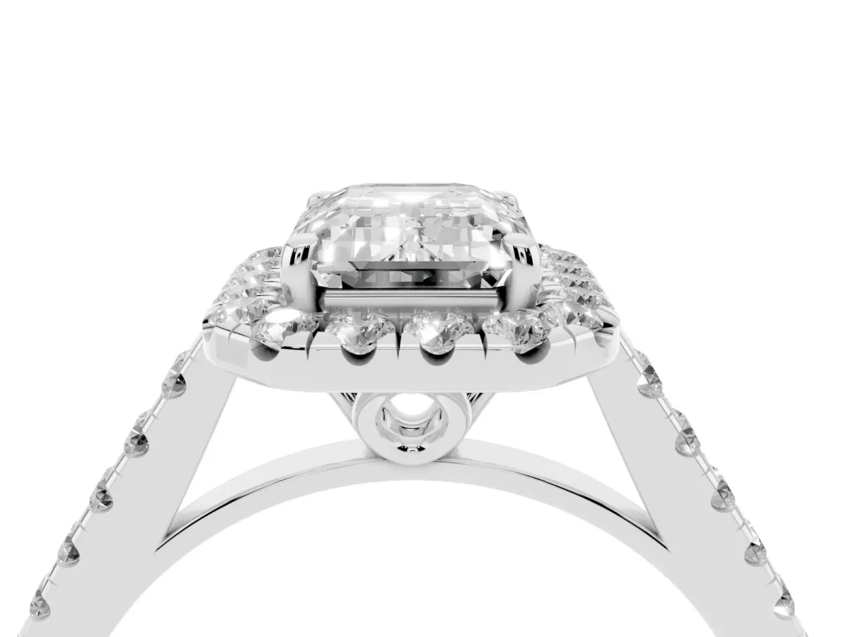 Emerald Cut Halo Pavé Diamond Engagement Ring with Four-Prong Setting Platinum