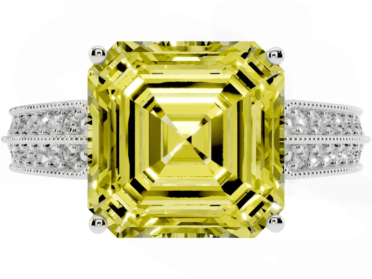 Fancy Yellow Asscher Cut Cut Pave Split Shank Engagement Ring with Four-Prong Setting Platinum