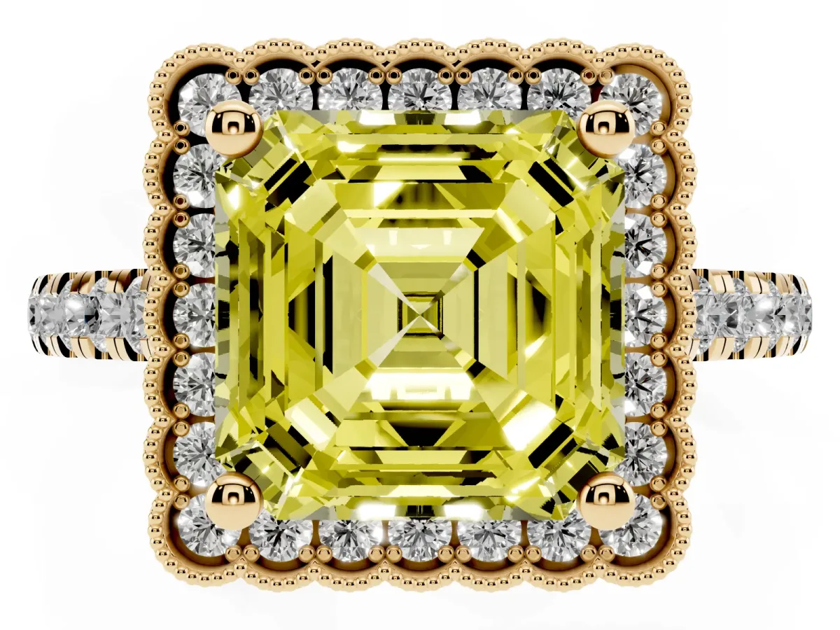 Fancy Yellow Asscher Cut Cut Diamond Milgrain Floral Halo Engagement Ring with Pavé Band Yellow gold