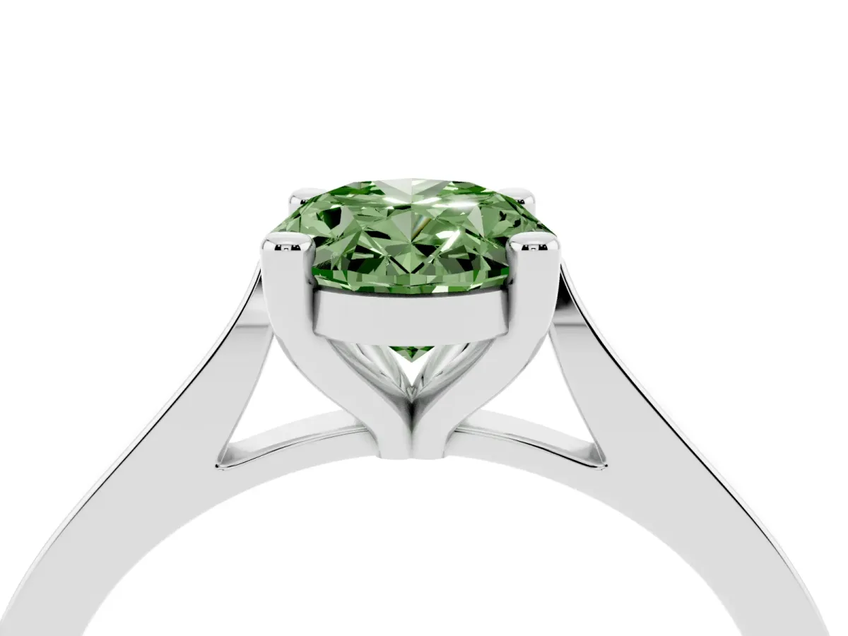 Fancy Green Oval Cut Solitaire Diamond Ring with Four-Prong Setting and Tapered Band Platinum