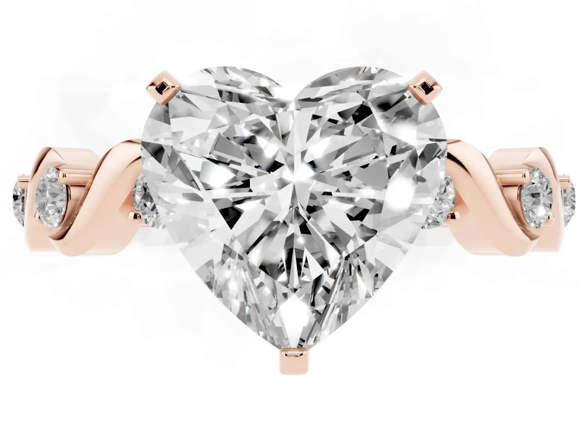 Heart Cut Diamond Solitaire Twisted Band with Round Accents and Prong Setting Rose gold