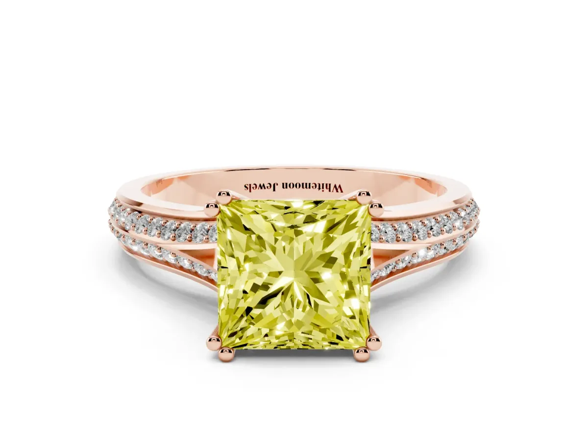 Fancy Yellow Princess Cut Diamond Split Shank Engagement Ring with Pavé Band Rose gold