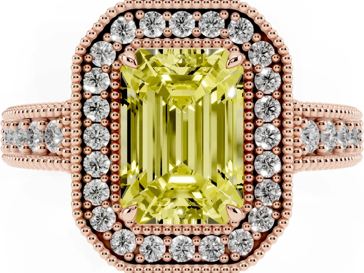 Fancy Yellow Emerald Cut Cut Halo Diamond Ring with Pavé Band and Four-Prong Setting Rose gold