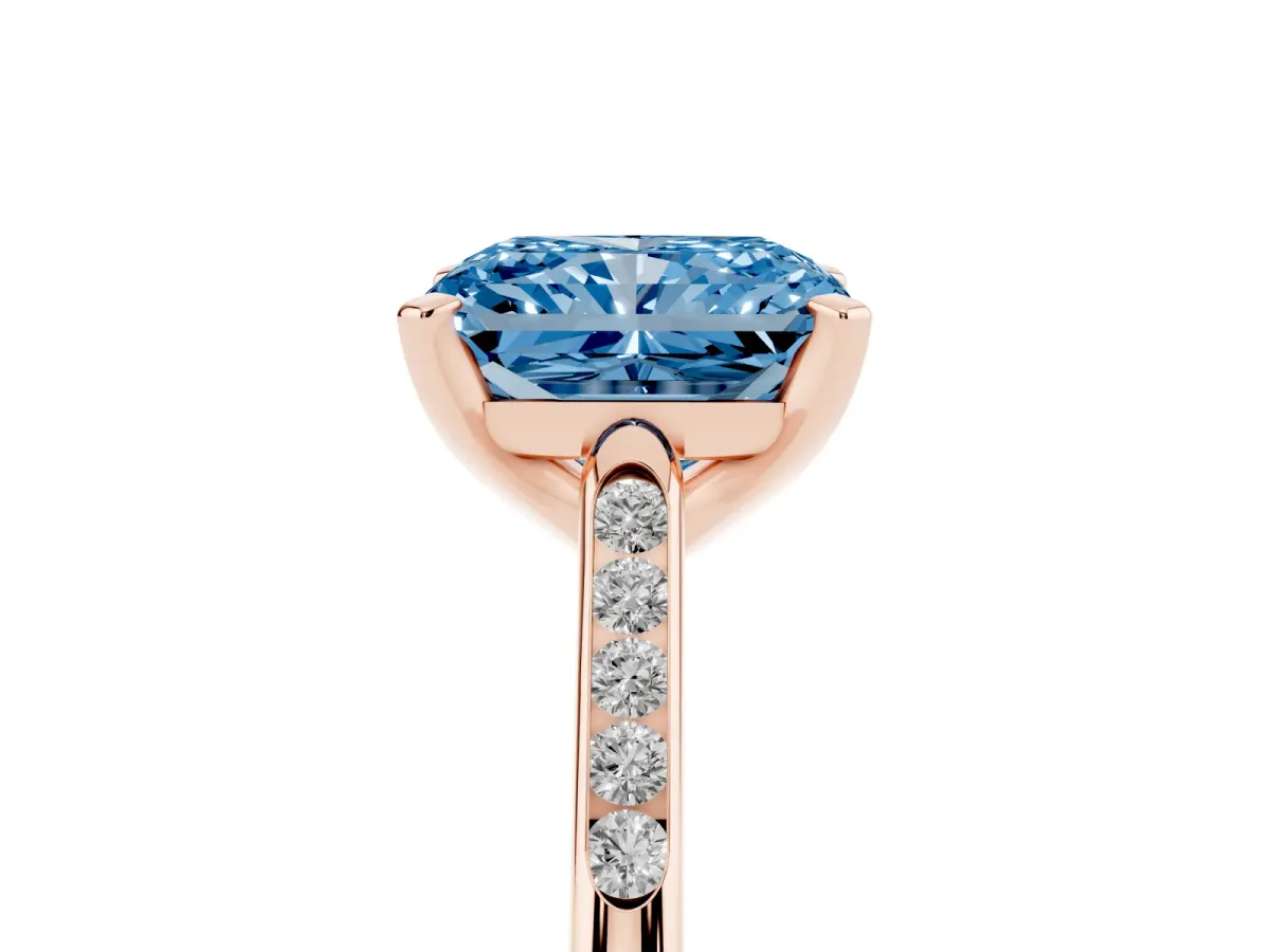 Fancy Blue Radiant Cut Diamond Solitaire Ring with Channel Set Round Band and Prong Setting Rose gold