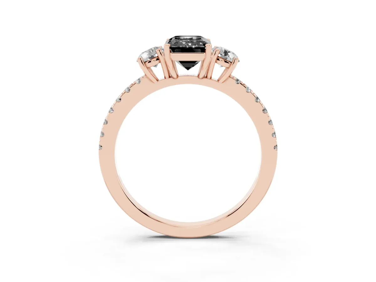 Fancy Black Three-Stone Emerald Cut Cut Diamond Pavé Band with Prong Setting Rose gold
