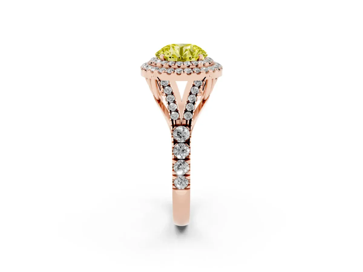 Fancy Yellow Double Halo Round Cut Diamond Split Shank Engagement Ring with Four-Prong Setting Rose gold