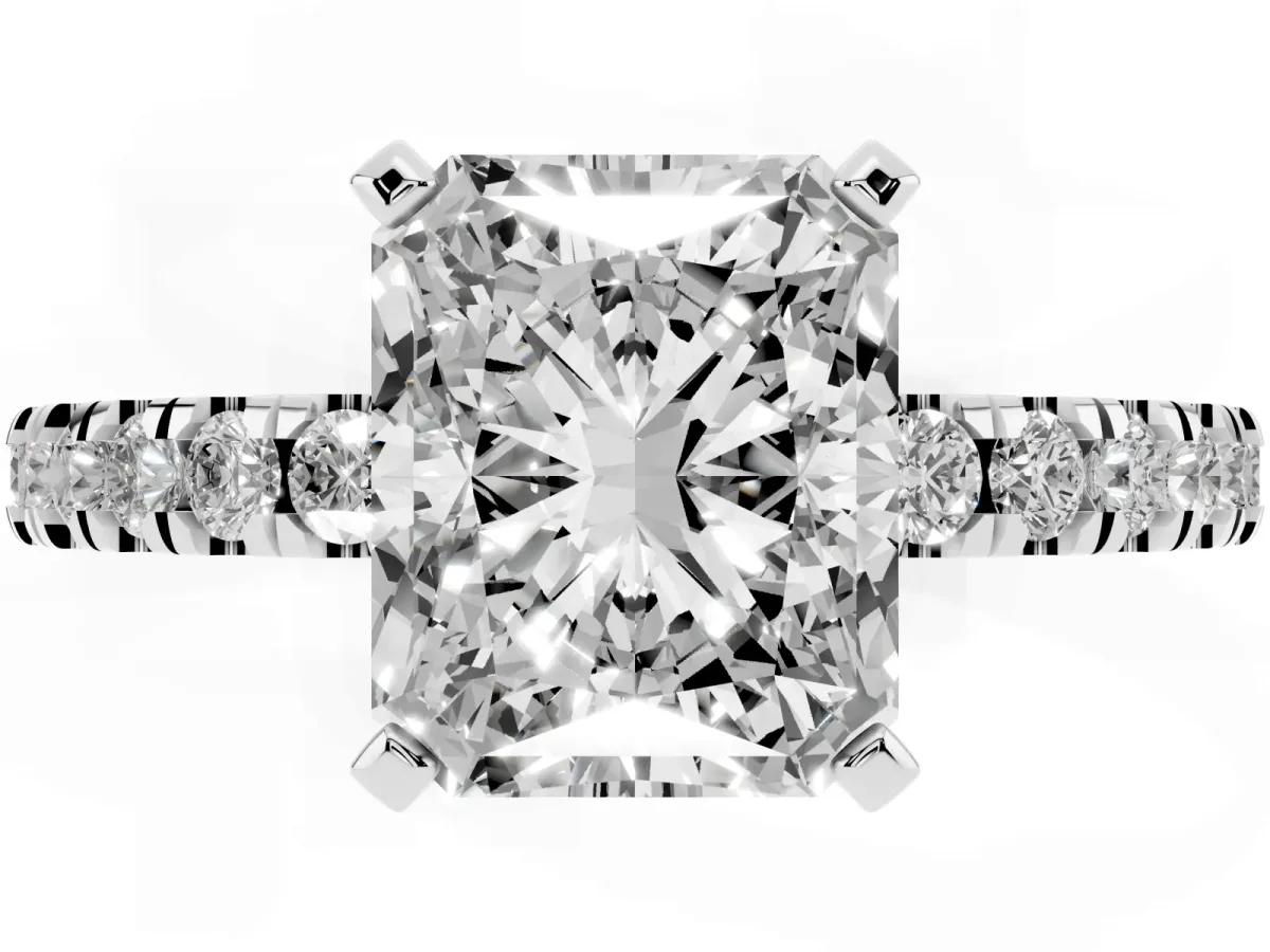 Radiant Cut Solitaire Diamond with Pavé Band and Four-Prong Setting Silver