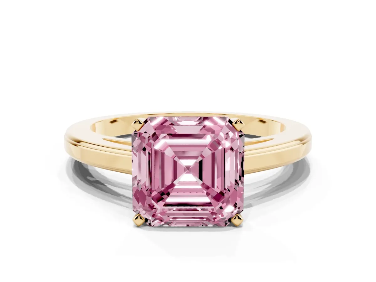 Fancy Pink Asscher Cut Solitaire Diamond Ring with Four-Prong Setting and Classic Band Yellow gold