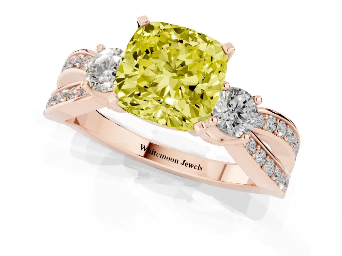Fancy Yellow Three-Stone Cushion Cut Cut Diamond Twist Band with Prong Setting Rose gold