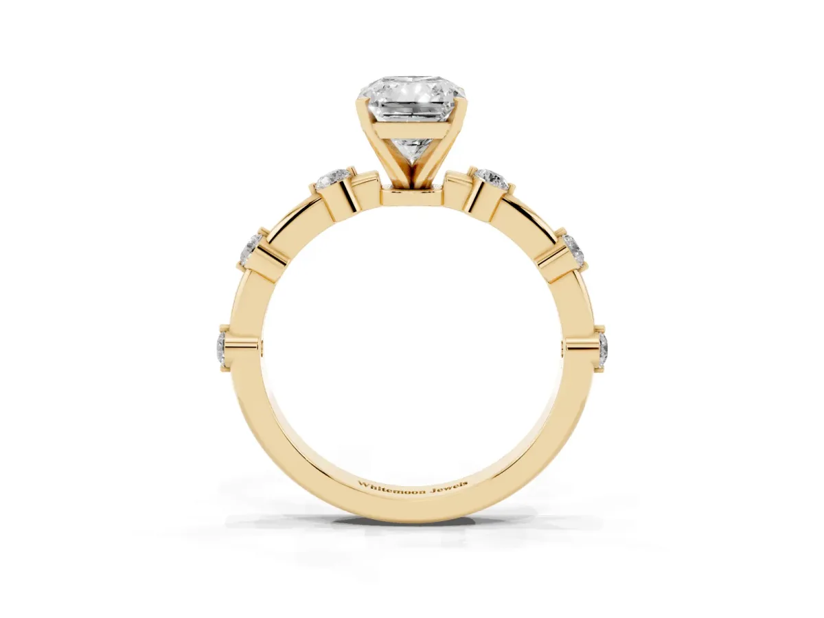 Radiant Cut Solitaire Diamond Ring with Bezel Set Side Stones and Prong Setting Yellow gold