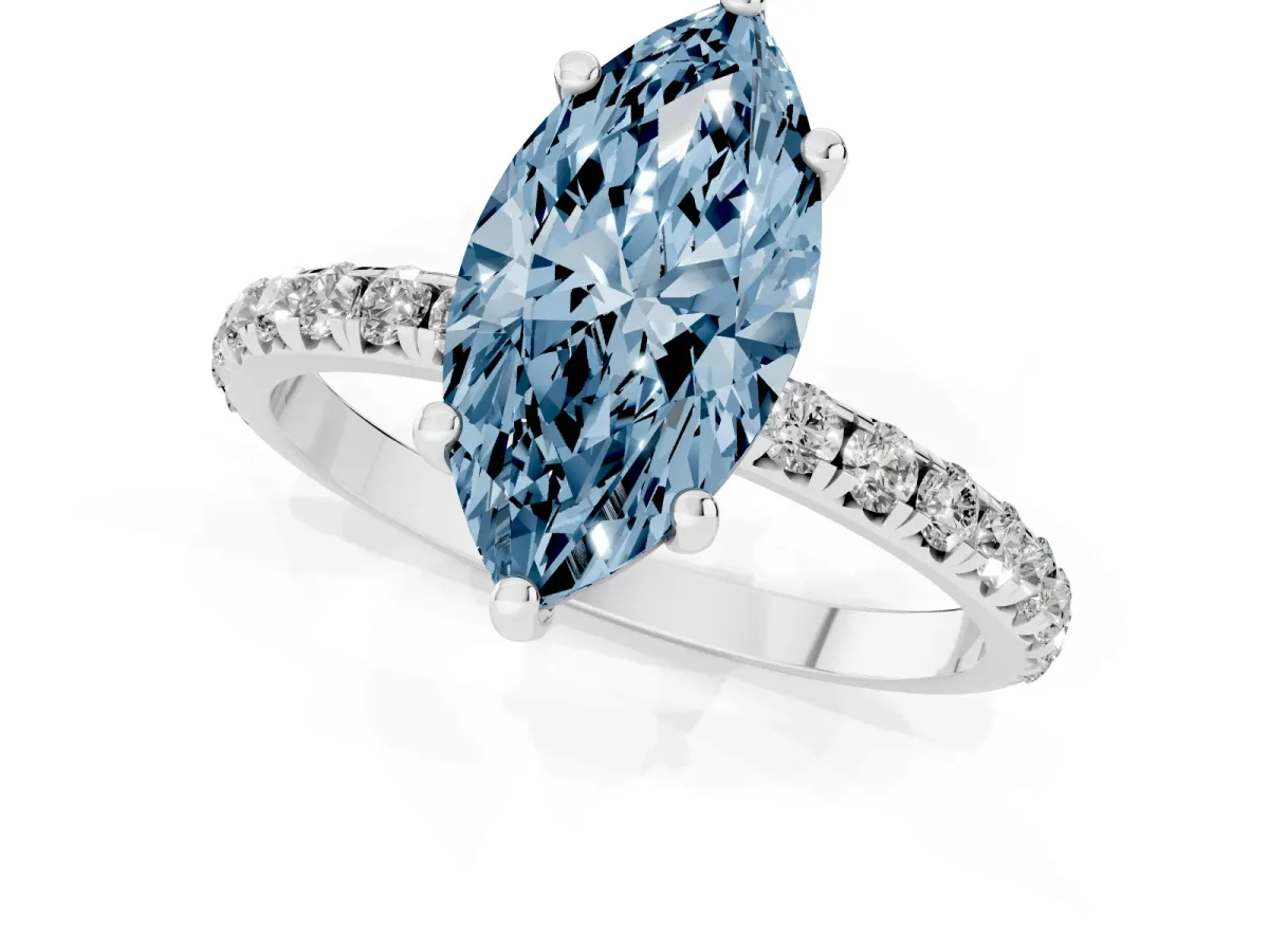 Fancy Blue Marquise Cut Cut Diamond Solitaire Ring with Micro Pave Band and Four Prong Setting Platinum