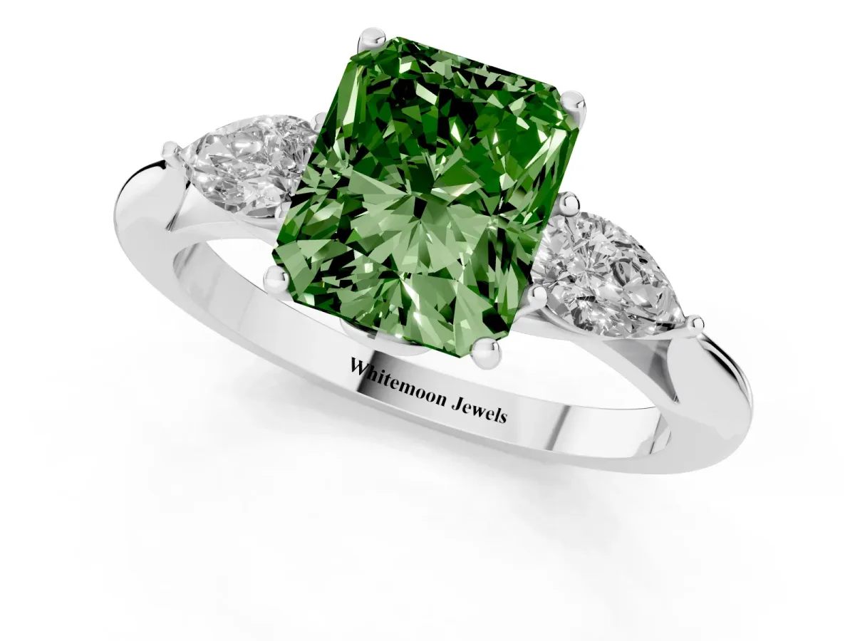 Fancy Green Three-Stone Radiant Cut Brilliant Diamond Solitaire Ring with Tapered Band and Four-Prong Setting Silver