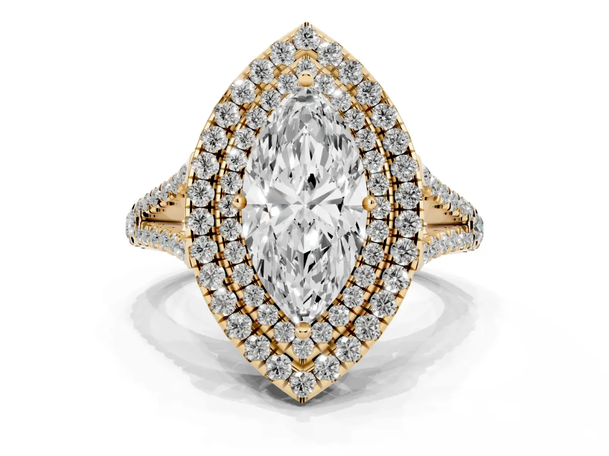 Marquise Cut Diamond Double Halo Ring with Pavé Band and Prong Setting Yellow gold
