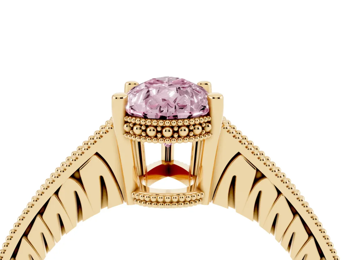 Fancy Pink Pear Cut Solitaire Pavé Diamond Milgrain Engagement Ring with Four-Prong Setting Yellow gold