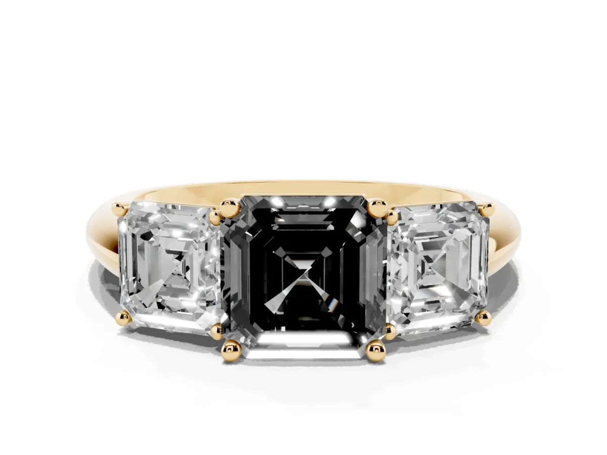 Fancy Black Three-Stone Asscher Cut Cut Diamond Engagement Ring with Prong Setting on a White Gold Band Yellow gold