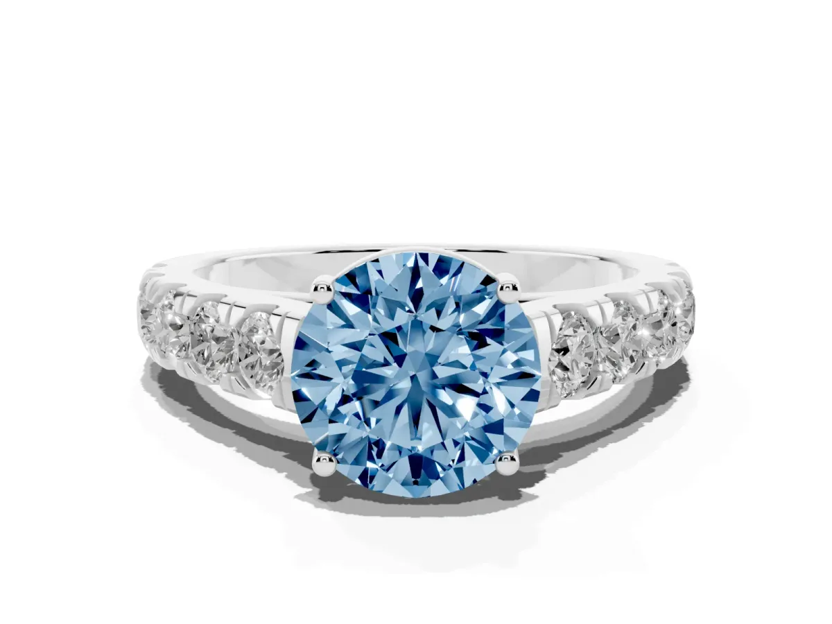 Fancy Blue Round Cut Cut Diamond Solitaire Ring with Micro Pave Band and Prong Setting Silver