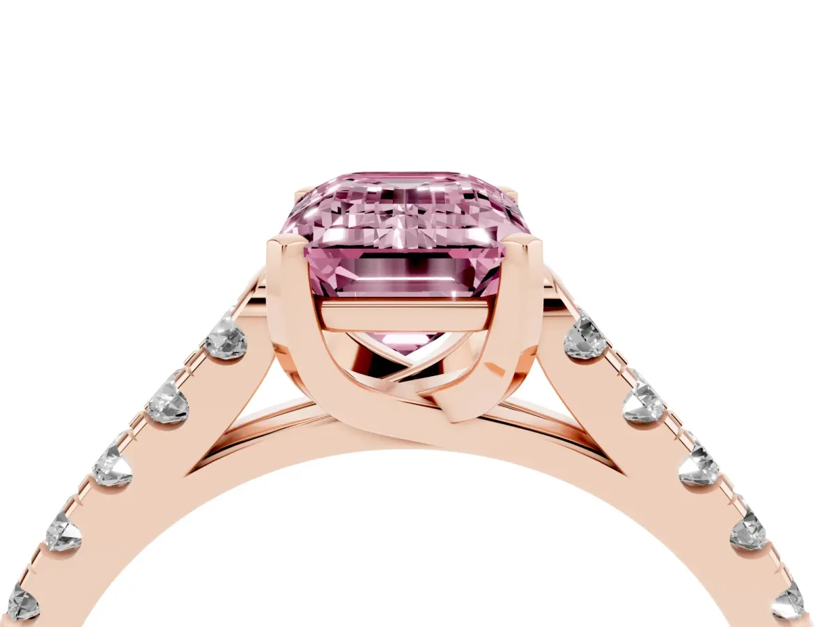 Fancy Pink Emerald Cut Diamond Pavé Band Solitaire Ring with Prong Setting Rose gold