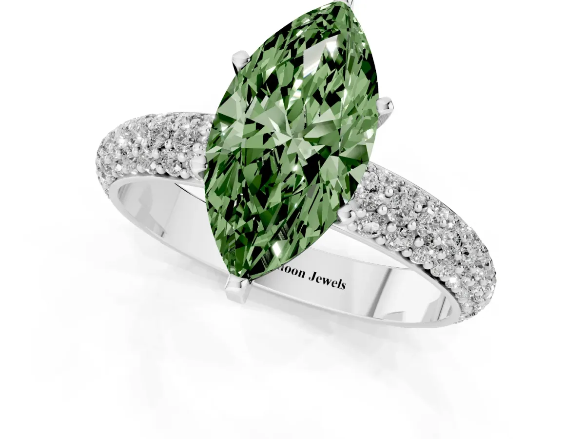 Fancy Green Marquise Cut Diamond Solitaire Ring with Prong Setting and Pavé Band Silver