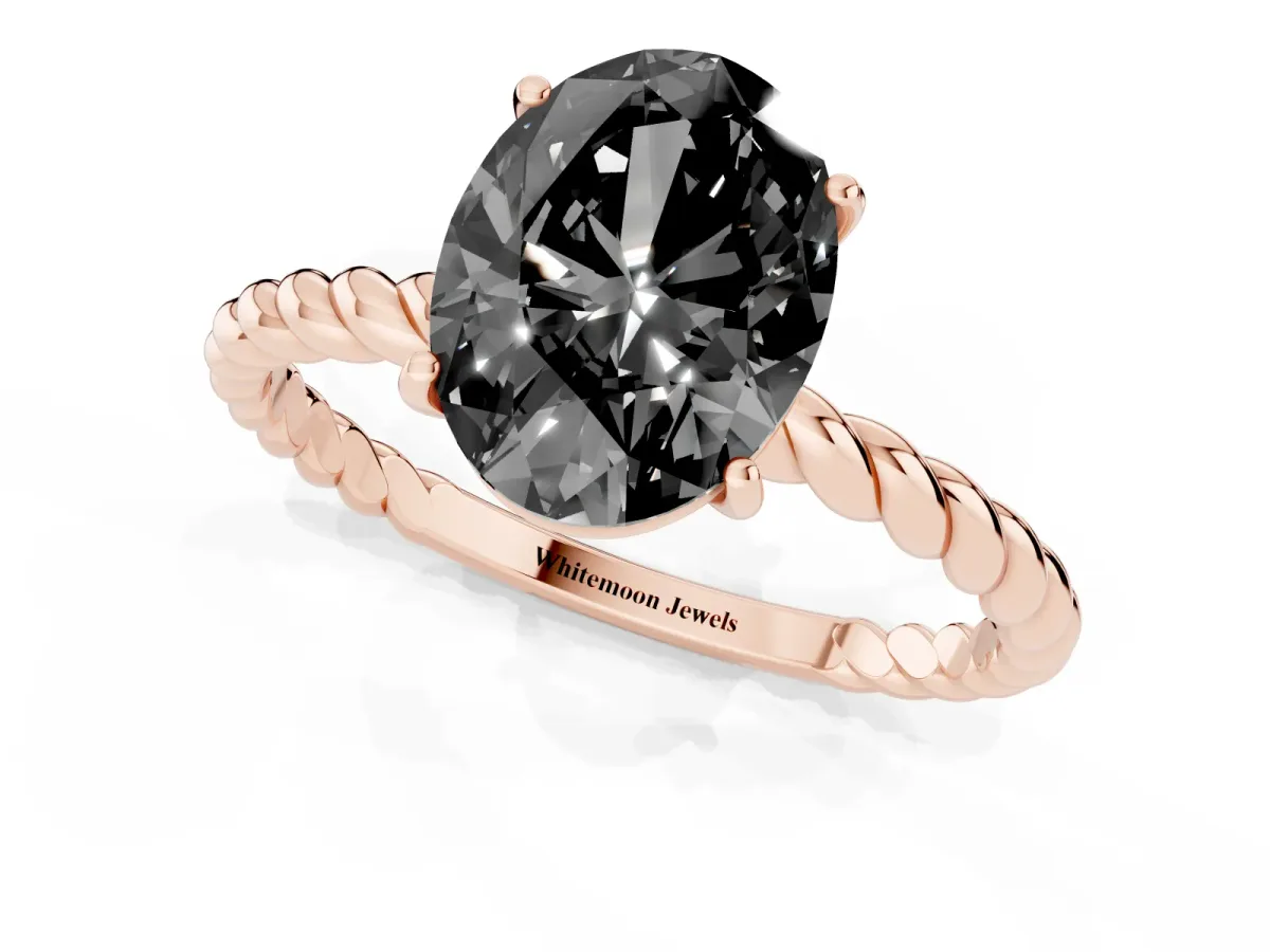 Fancy Black Oval Cut Solitaire Twisted Band 4-Prong Ring Rose gold