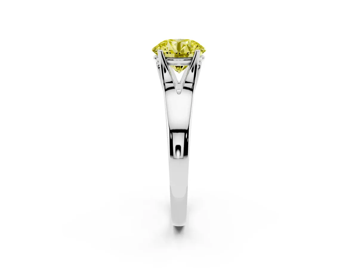 Fancy Yellow Round Cut Solitaire Diamond Ring with Cathedral Band and Four-Prong Setting Platinum