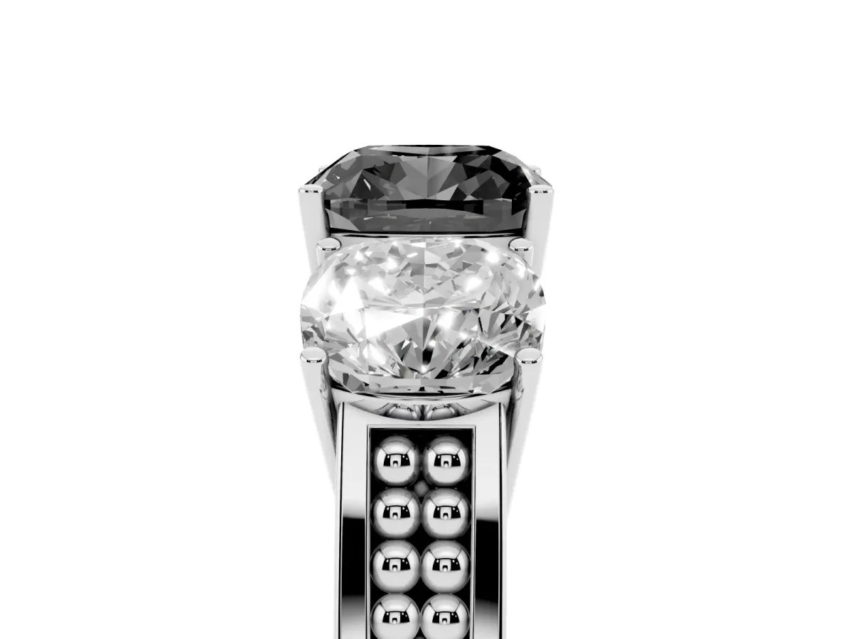 Fancy Black Cushion Cut Diamond Three-Stone Ring with Prong Setting and Textured Band Platinum