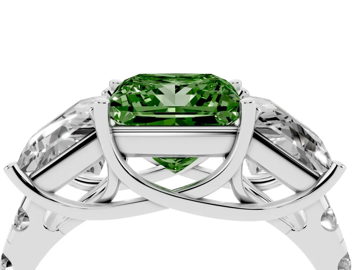 Fancy Green Three-Stone Princess Cut Diamond Pavé Band with Prong Setting Silver